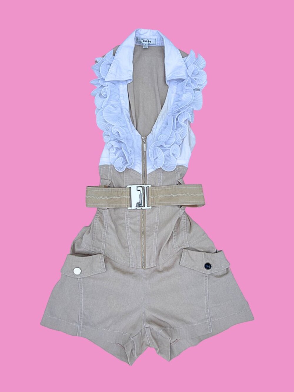 Vintage Entry Belted Ruffle Utility Romper
